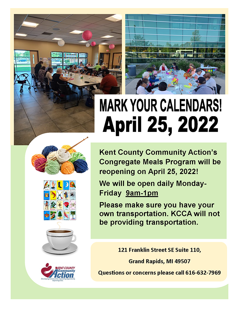 Kent County Community Action's Congregate Meals Program will be reopening on April 25, 2022!